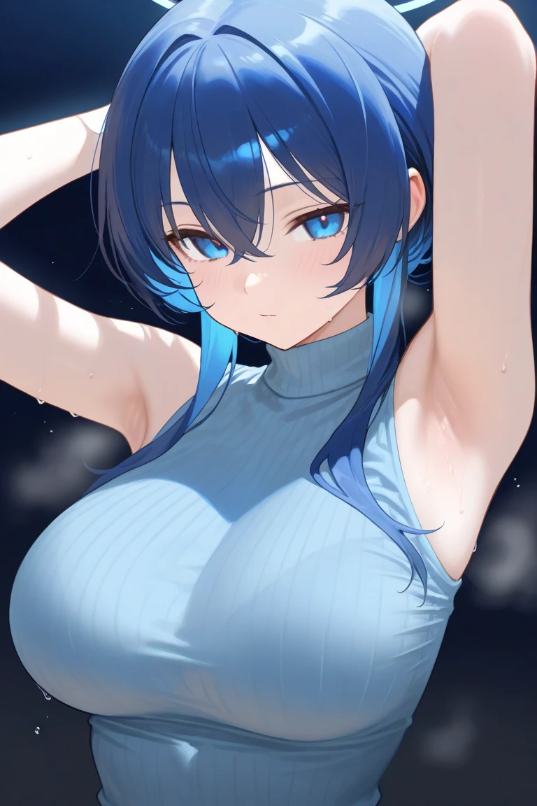 female, curly ponytail, blue hair, deep blue eyes, large breast,