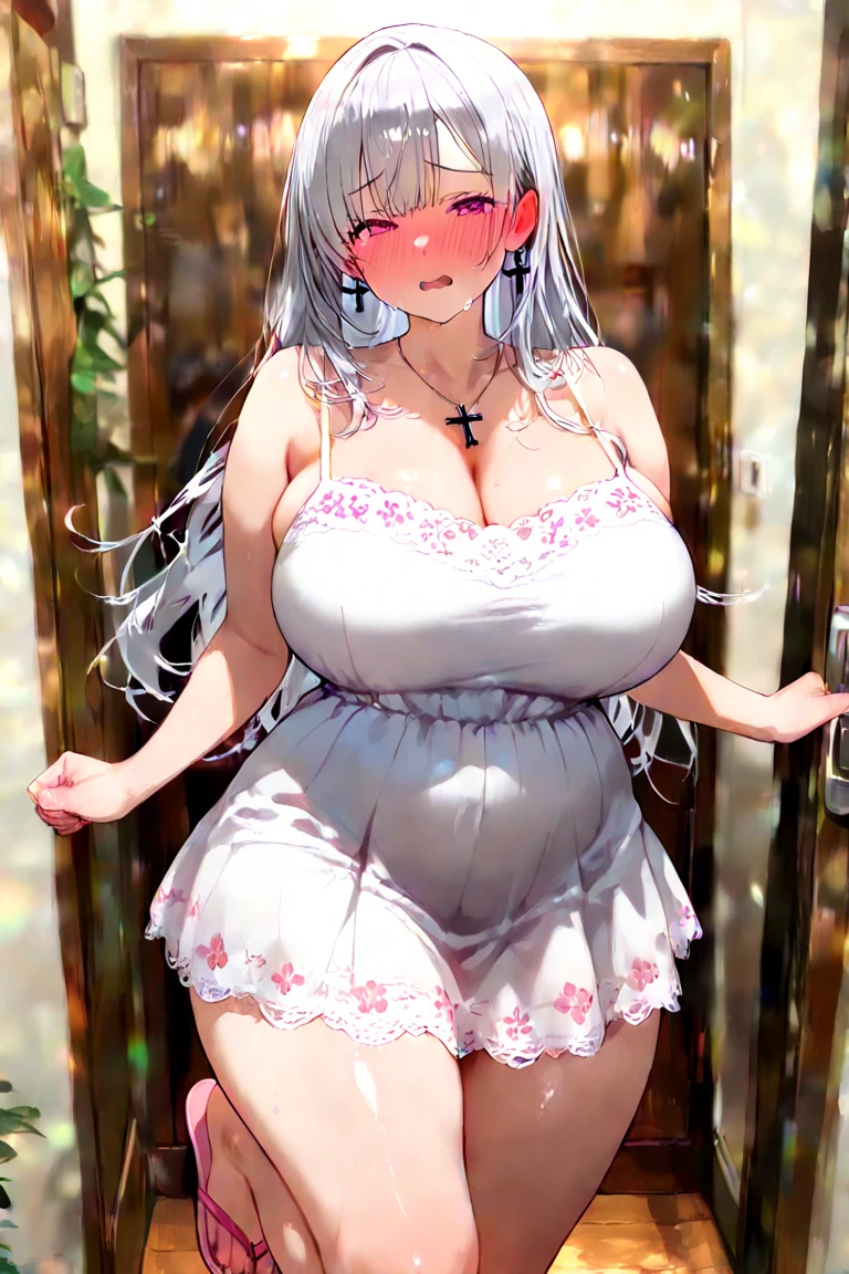 (1girl), red eyes, ((white hair)), pigtails, long hair, x ornament, big lips, pretty lips, ((gyaru)), gyaru hairstyle, ornaments, babydoll dress, seductive anime girl, thicc, cute anime, plant, pink room, anime