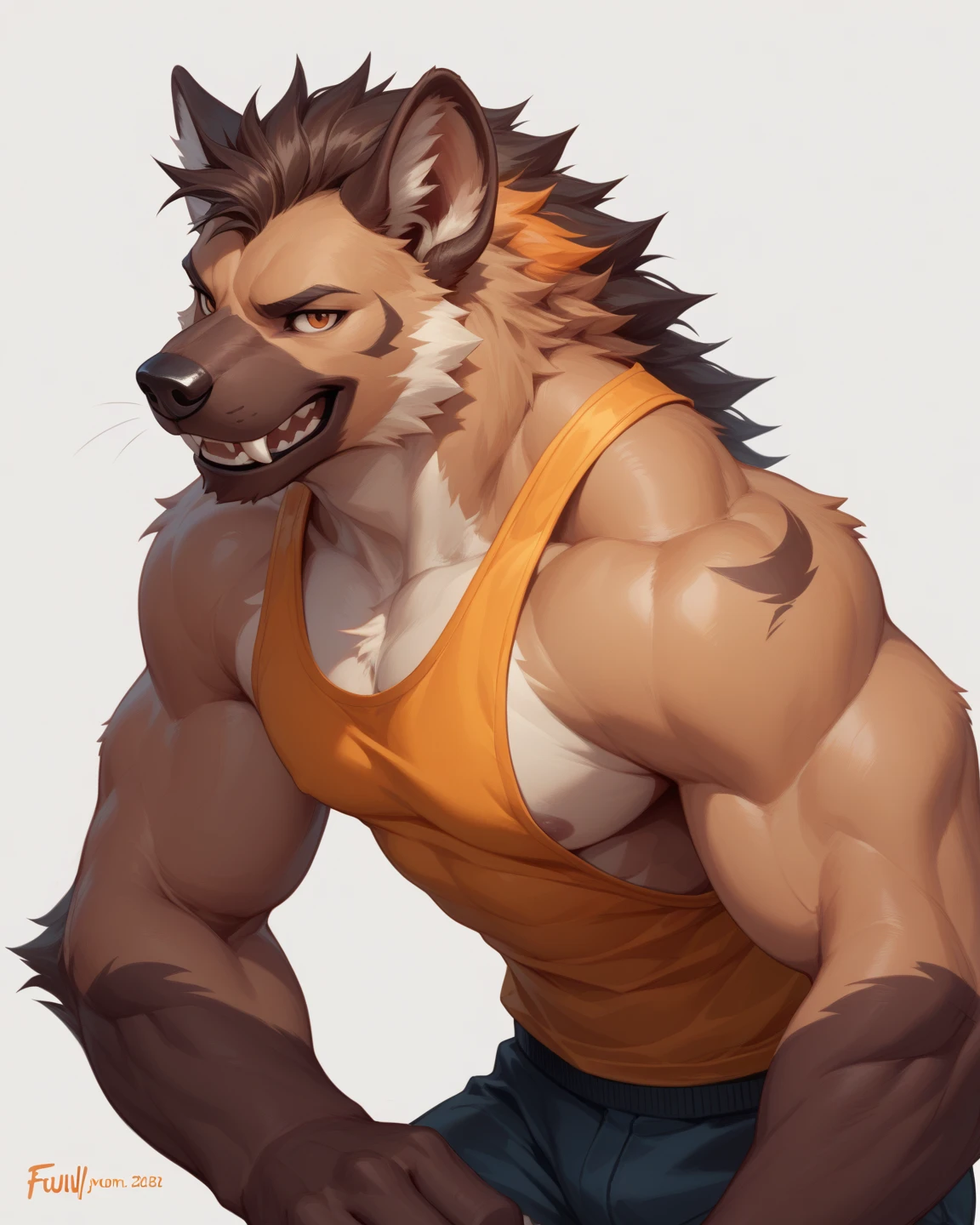 Half portrait, standing straight, an adult male lynx, casual posing, gray furs, brown rosette pattern, mature adult, gruff looking, masculine features,
sharp eyes, beard, bulky built, medium muscles definition, wearing a sleeveless, wearing a short, looking to viewer, facing forward, calm expression (soft smile),