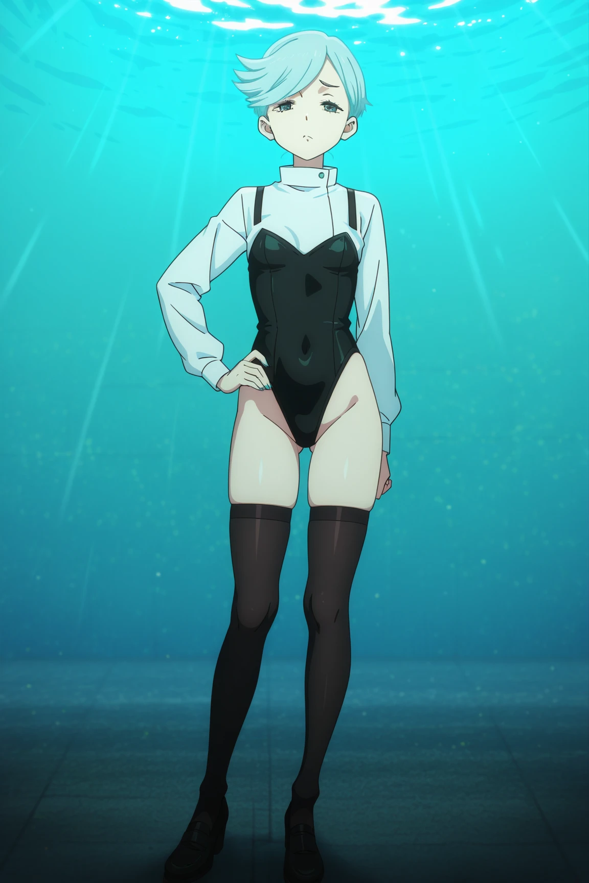 Masterpiece, best quality, Masterpiece, best quality, 1 woman , Iori , conjunctivitis , long white ponytail , sly face , indifferent face , black bikini , abdomen , big breasts , Long legs , hands on hips , abandoned factory , at night
