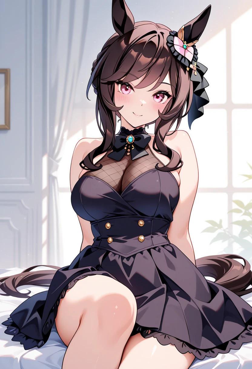 slender, mature female, flower, animal_ears, horse_ears, horse_girl, horse_tail, flower, breasts, 1girl, long_hair, garter_straps, thighhighs, white_legwear, solo, brown_hair, cleavage, looking_at_viewer, large_breasts, bare_shoulders, dress, hair_ornament, brown_eyes, thighs, tail, hand_up, hair_flower, ribbon, sleeveless, black_dress, jewelry, blurry, sleeveless_dress, blush, side_slit, hair_ribbon, blue_ribbon, necklace, standing, closed_mouth, petals, brooch, bangs, bouquet, smile, hair_between_eyes, blue_bow, cowboy_shot, collarbone, bare_arms, depth_of_field, eyebrows_visible_through_hair, frills, holding, skindentation, black_flower