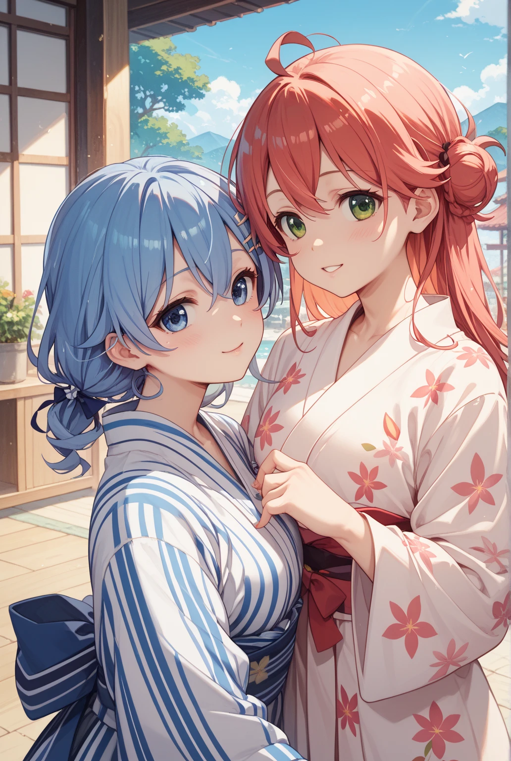usada pekora,houshou marine,2girl,open mouth,yukata,super huge breasts,looking at viewer,Taken from the viewpoint above,upturned eyes,near,standing up,Lined up,ryokan,in room
