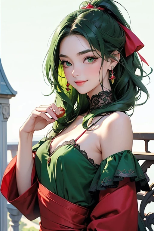 Chica anime con cabello rosado y ojos verdes posando para una foto, 4k, chica anime seductora, sakura petals around