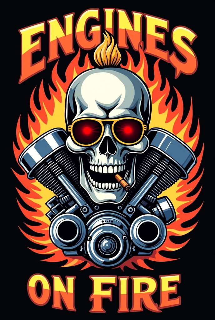 A motorcycle club emblem with a skull engine, sexy woman, whiskey, cigar, smoke, wings, fire.