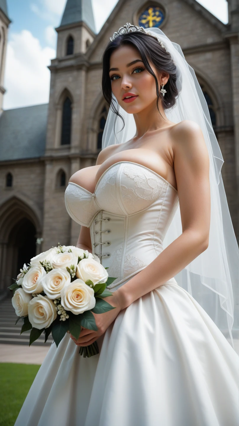 Two white cute, pretty, innocent, 18 year old teen blonde sisters, ((slim)), ((perfect abs)), blushing, (massive largest gigantic, plump fat tits:1.4), white skin, blue eyes, white transparent bride veil, wearing small transparent undersized skintight white string microbikinis, (sideboob), (underboob), golden choker, (((visible cameltoe:1.2))), holding a bouquet of roses, wedding ring, ((squatting on a crowded street)), visible see through panties, looking at the camera, smiling, having fun, happy, close up,