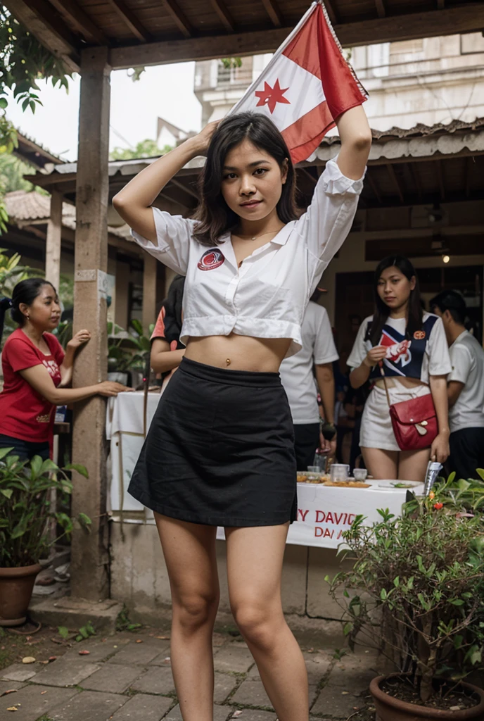 Gorgeous Burmese student girl, on the street of Yangon, neon lights, beautiful body, upper white and lower green outfit