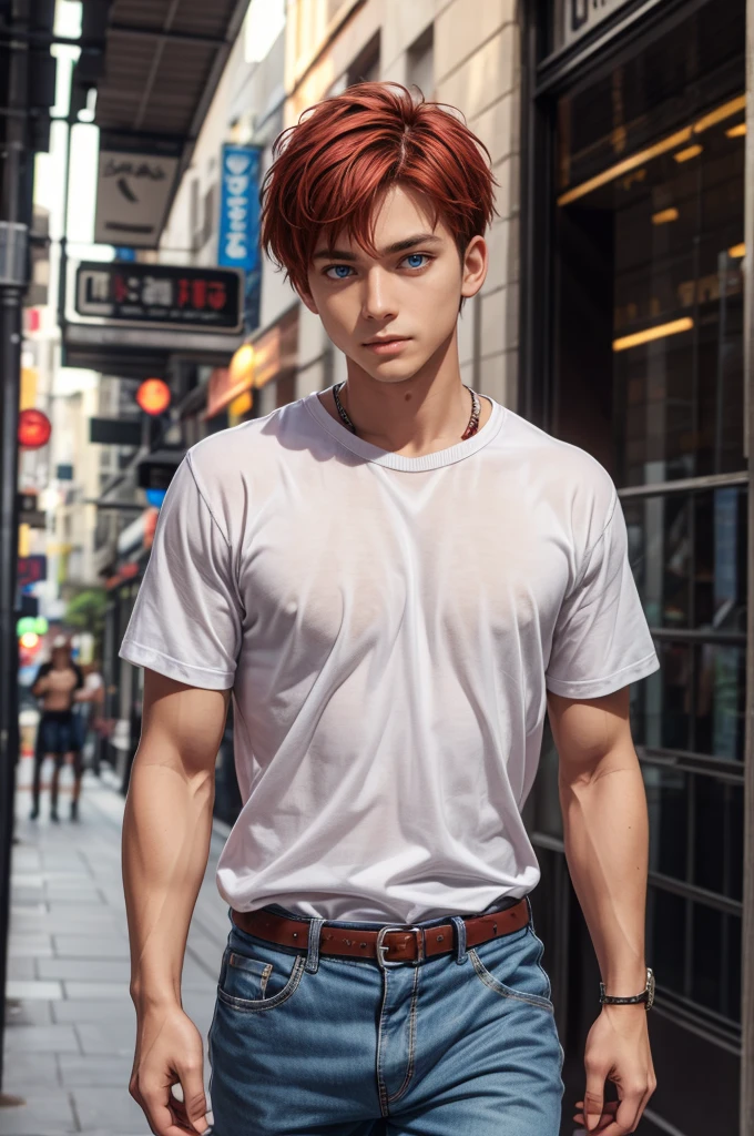 masterpiece,best quality:1.2,high detail,1 male,handsome,muscular male,bare upper body,sport swear,street,looking at viewer,manly,short hair,dyed red hair,Ambient Occlusion,soft lighting,8k uhd,dslr,film grain,Fujifilm XT3 photorealistic art by midjourney, , full length shot(fls) , sexy boy hips, thighs