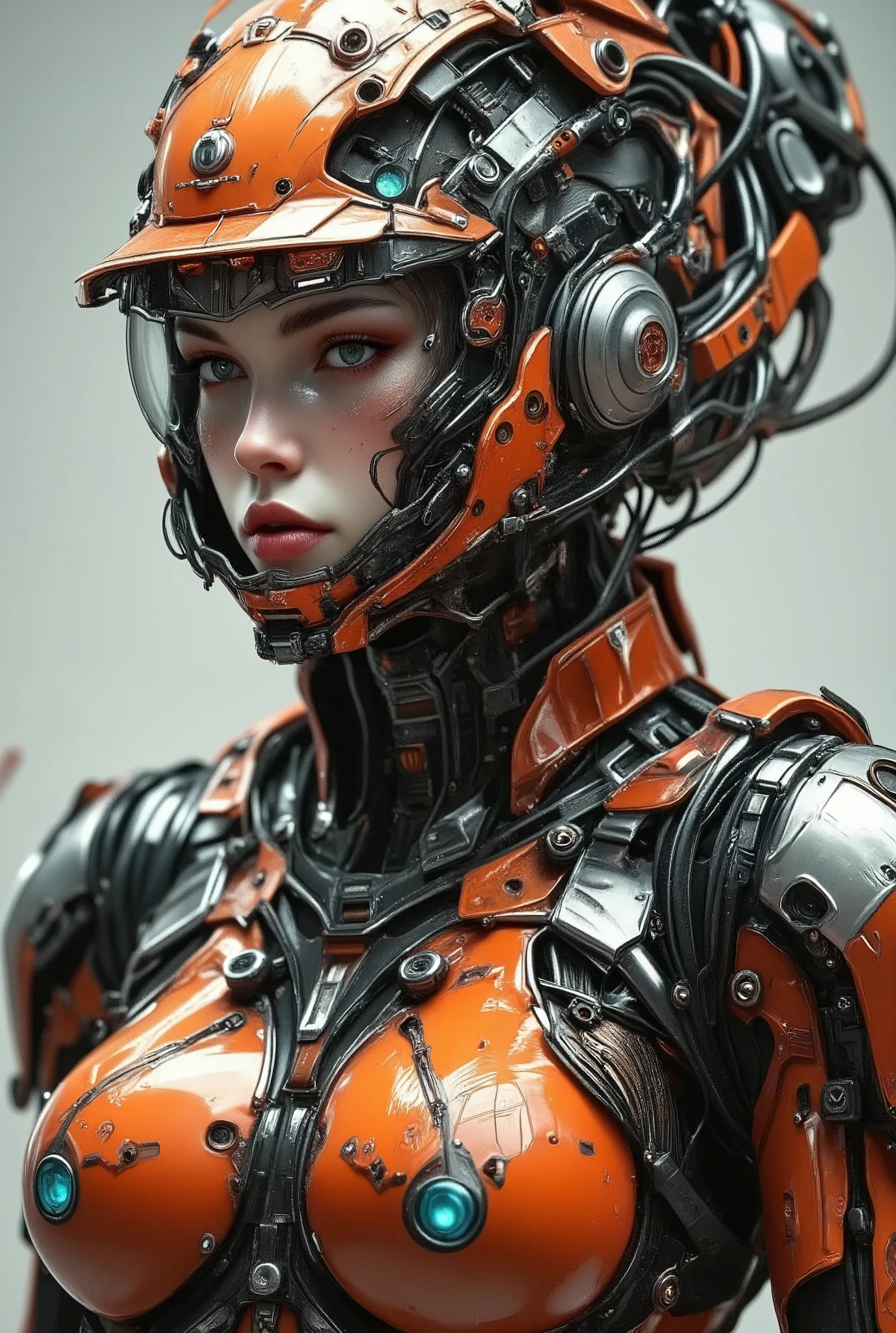 a high-tech knight-style armored woman in brilliant red-orange and titanium silver two-tone armor, full-face helmet retracted to show calm expression, armor heavily plated but optimized for mobility with anti-grav boosters, positioned in an orbital platform hangar, front-facing stance
a photorealistic female warrior in heavily engineered knight-inspired power armor, rich orange-titanium plating, dense mechanical components with glowing articulations, pristine futuristic spaceport backdrop with sharp lighting