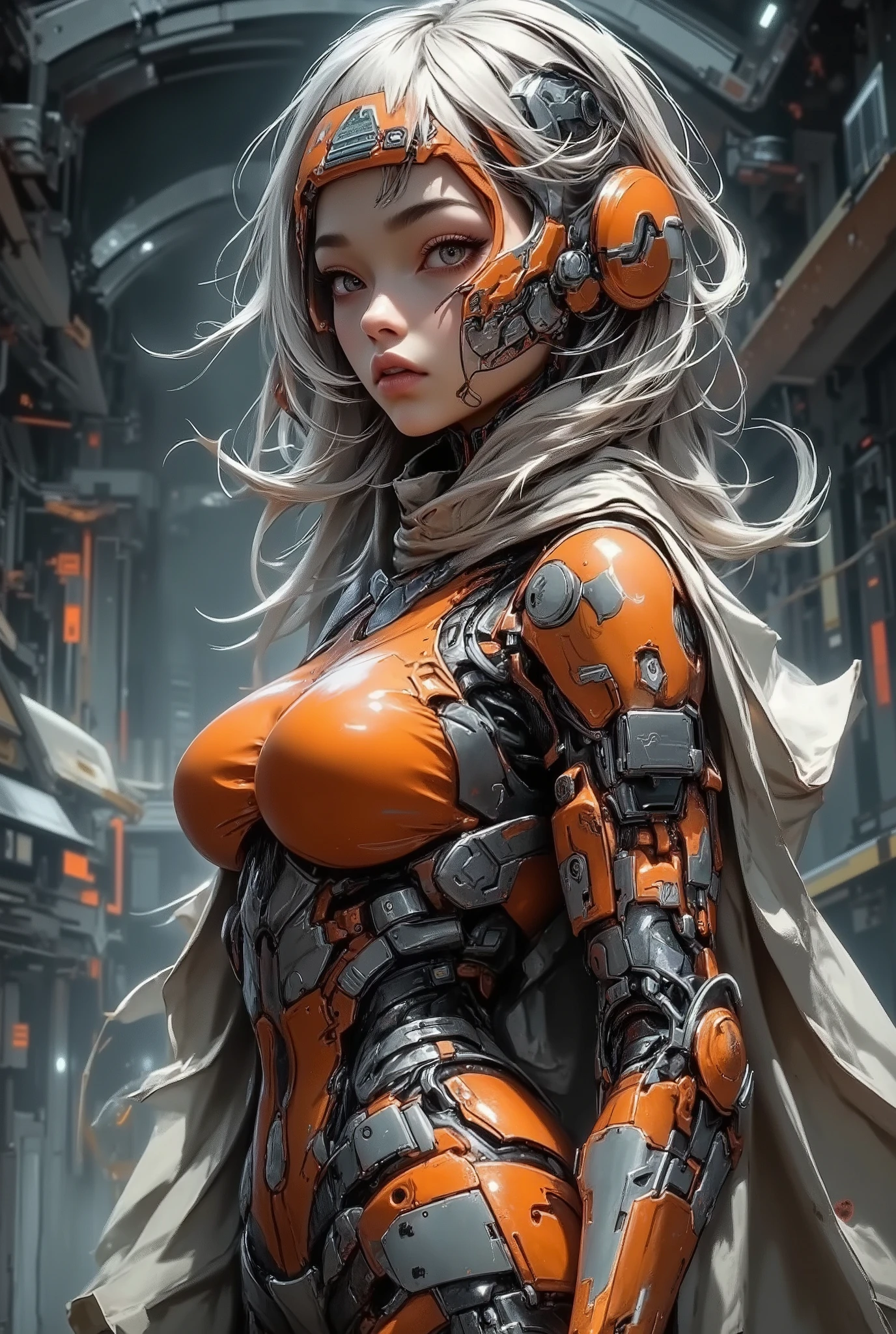 a high-tech knight-style armored woman in brilliant red-orange and titanium silver two-tone armor, full-face helmet retracted to show calm expression, armor heavily plated but optimized for mobility with anti-grav boosters, positioned in an orbital platform hangar, front-facing stance
a photorealistic female warrior in heavily engineered knight-inspired power armor, rich orange-titanium plating, dense mechanical components with glowing articulations, pristine futuristic spaceport backdrop with sharp lighting