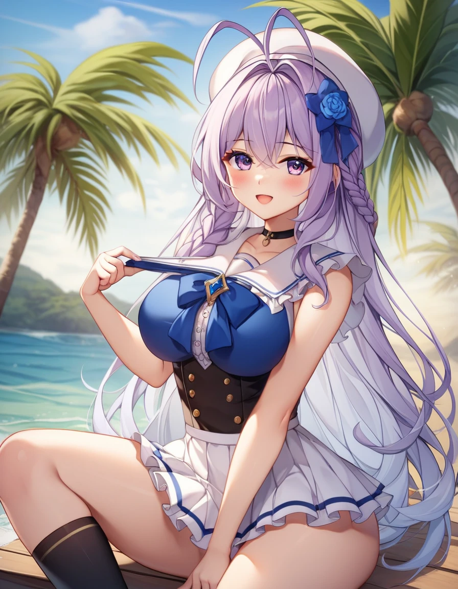 masterpiece, Best Quality,top-quality,{{{1 photo}}},{{{(Sizzle Summer)\sprincess connect!}}},{{{Braided twintails}}},Light blue-violet hair,Open your mouth wide,red blush,light blue eyes,Nasty face,Very large breasts,very sagging chest,Big straw hat,White Bikini,{{{White Bikini}}},very long ruffles of white color,,,{{{Very long paleo of white color on the waist}}},{{{the beach}}},bare-legged,M-shaped legs are spread,{{{laying on back}}},Hide your arms behind your back