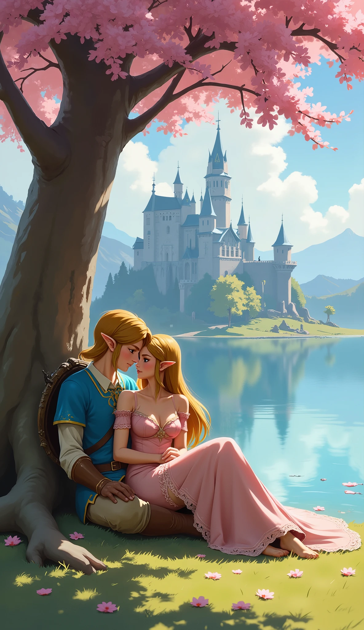Link and Zelda in a romantic embrace sitting under a pink flowering tree next to a lake with hyrule castle in the background, Zelda is in Link’s lap, Zelda is wearing a dress with cleavage.