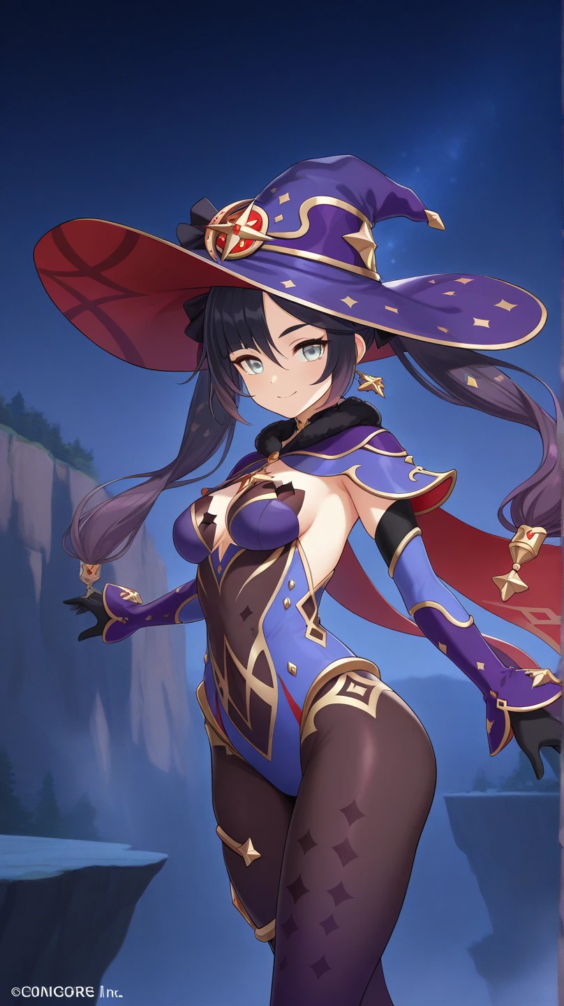 masterpiece, best quality, ultra-detailed, beautiful lighting, 1girl, ((mona \(genshin impact\))), black hair, twintails, long hair, grey eyes, purple strapless leotard, small breasts, detached sleeves, elbow gloves, witch hat, black legwear, black pantyhose, cape, fantasy, outdoors