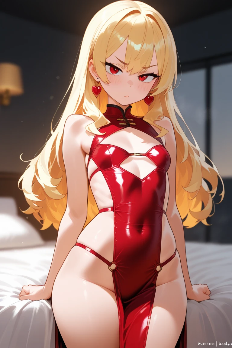 adult girl, longue blonde hair, red eyes, Red Dragon Horns, tattoo, naked, nipples, Masterpiece, hiquality, 4k, HD, Good detail