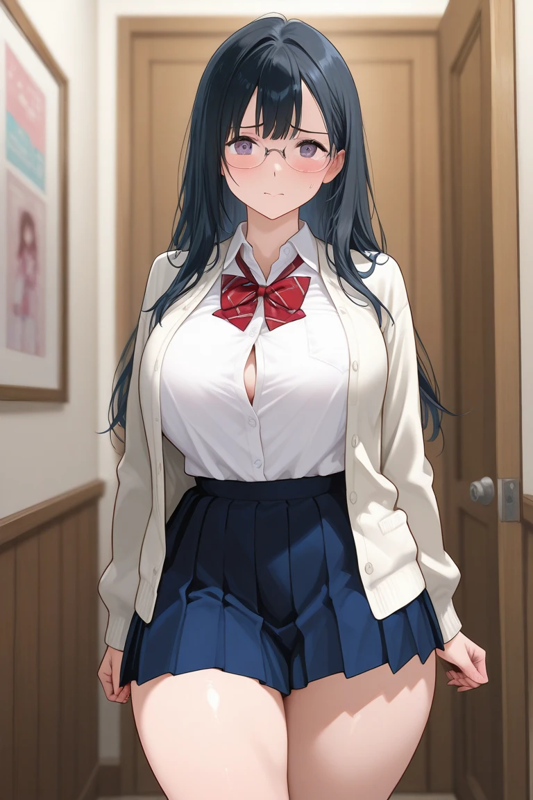 (masterpiece, best quality), 1girl, nsfw, schoolgirl uniform, shy, showing off, flat chest, cleavage, panties, see through, nipplesout, bra