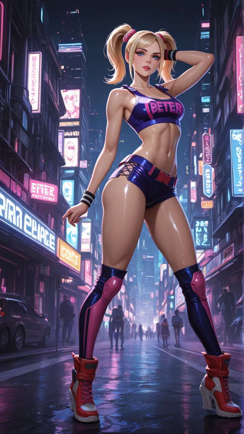 A stunning 3D render of a powerful black superheroine, drawing inspiration from both Static Shock and Spider-Man Miles Morales. Her dark brown short braids frame her determined face as she wears a stylish gray bikini adorned with a cosmic-themed basketball symbol in vibrant shades of purple, turquoise, and orange, even extending to her shoes. Her space atom powers are vividly displayed with electric rays emanating from her entire body. In this dynamic, cinematic scene, she leaps into the air, her movements amplified by her basketball-inspired powers. The futuristic cityscape serves as a vibrant backdrop, with a mesmerizing night sky above., 3d render, cinematic