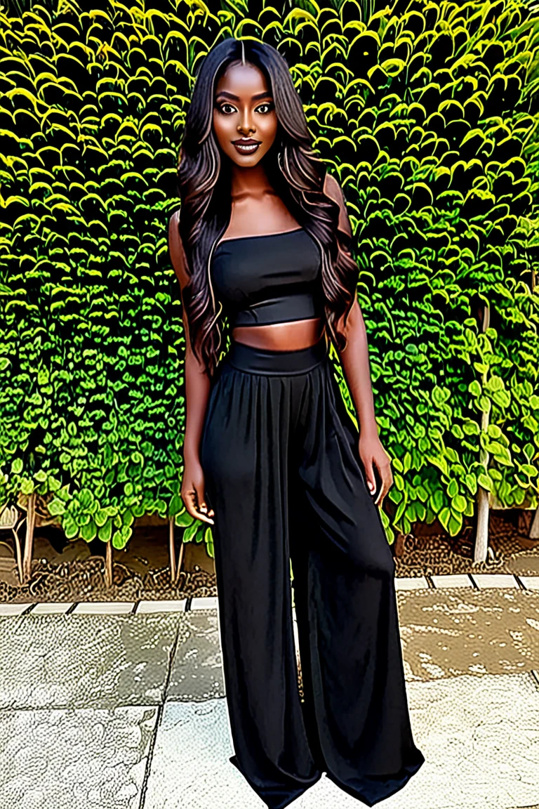 Create an image of fair skinned Nigeria woman. She must be tall, slim and light skin. She must be busty. She must wear tight-fitting cloth. She must wear black sun glasses. She must be well dressed. She must stand alone. She must be in an outdoor setting.