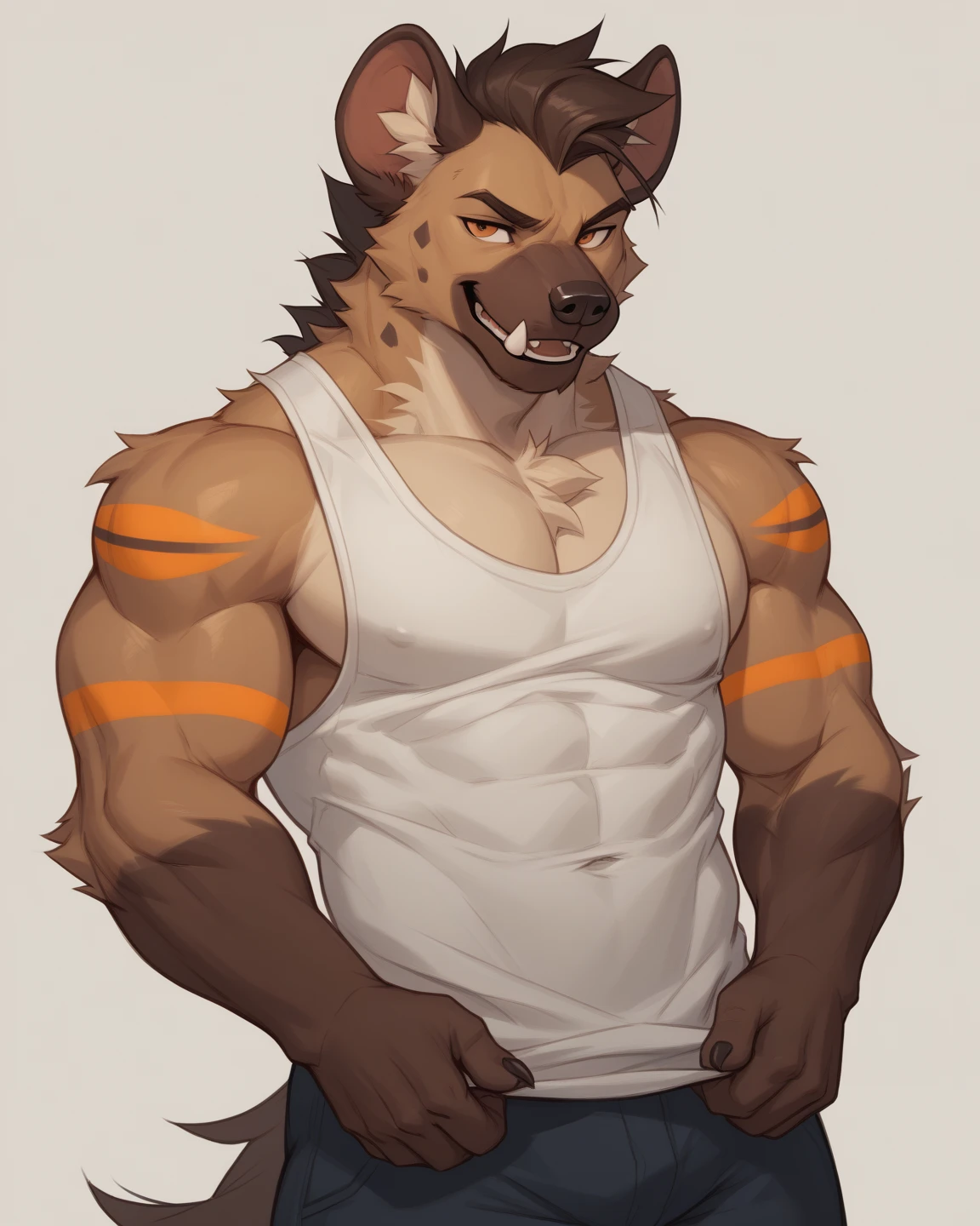 Solo, male, Light brown hare, in one color tone, with long ears, shirtless, in jeans, chest, big chest view, legs, ((focus body, furry focus, shades focus, focus chest, body shades)) (((gray background, gray wallpaper, one color))), by darkgem, by mystikfox61, by glitter trap boy