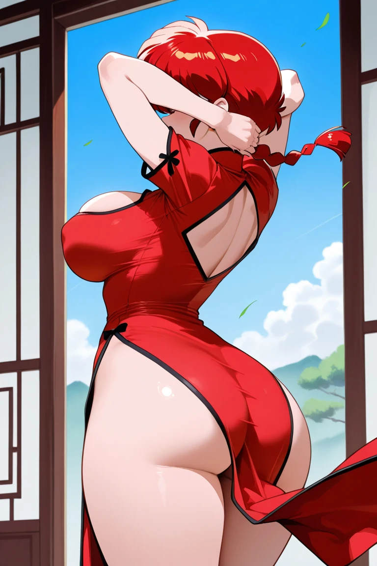 Anime female characters,(masterpiece),(最高quality),(quality),(Super),1girl、Nami、Nami 海贼王·、Pink cheongsam、Slit cheongsam,white,Rise ass、Hands on hips,View from the back,Cross your legs、look back,Thigh fleshy、The perspective starts from the feet,Soles,Showing you my feet with a disgusted expression,masterpiece、最佳quality、very aesthetic