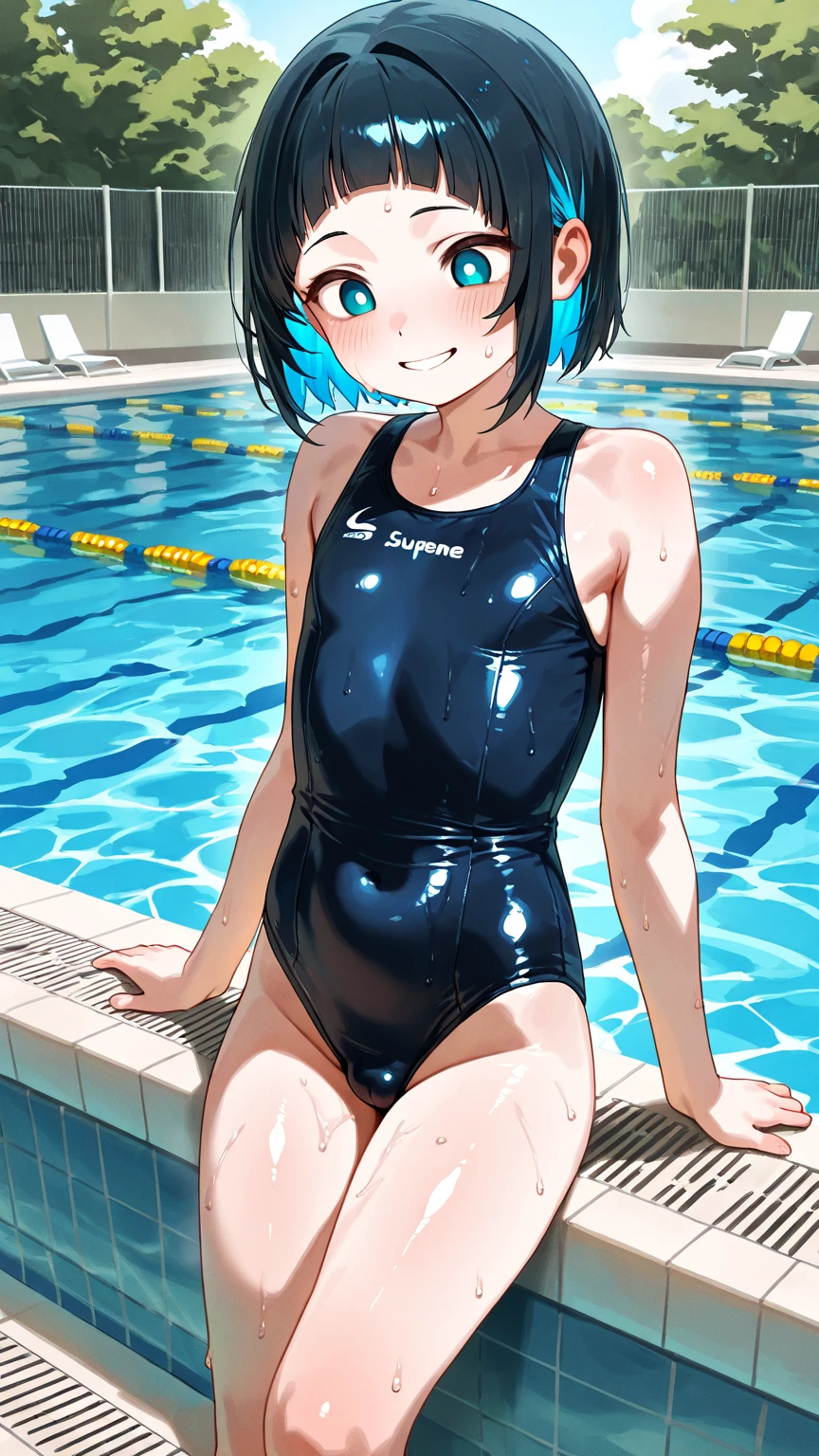 masterpiece, high-res, portrait, best quality, 1girl, short hair, shiny hair, blue hair, black eyes, wearing a one-piece swinsuit, shy, river