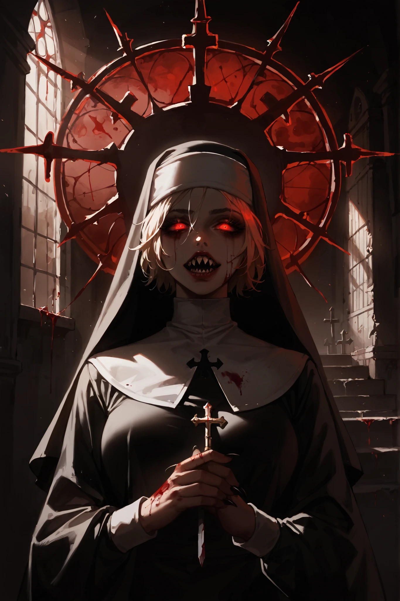 A nun with red eyes crying black, athea sun arch of the head, wearing a cross around your neck, background red, sadistic rosto