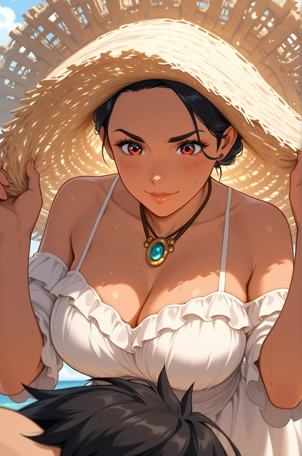 1girl, masterpiece, extremly detailed, (beautiful detailed glow), lens flare, white hair, short hair, floating hair, looking back, back behind, smile, blue eyes, white dress, medium breasts, upper body, wide shot, straw hat, ((salar de uyuni)), sunrise, clouds, backlighting, purple sky, yellow sky, gradient sky, hands on hat