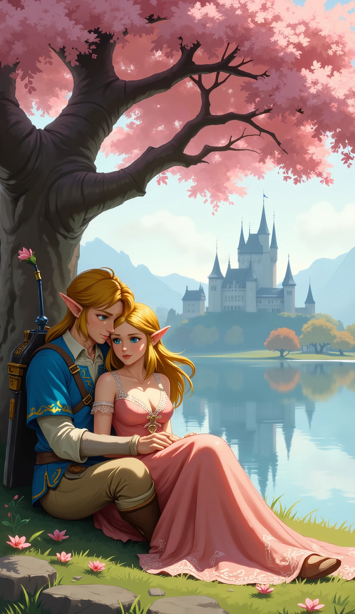 Link and Zelda in a romantic embrace sitting under a pink flowering tree next to a lake with hyrule castle in the background, Zelda is in Link’s lap, Zelda is wearing a dress with cleavage.