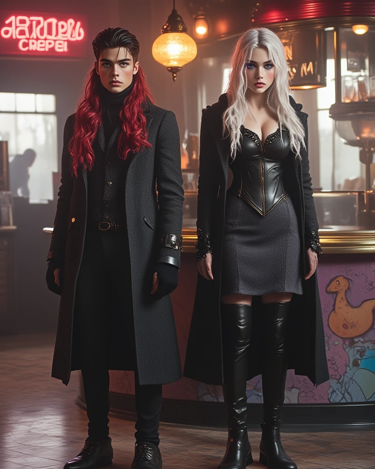 masterpiece, best quality, highres, 1girl, solo, modern vampire, red hair, long hair, open hair, red eyes, evil smile, 2 young boys on her both sides, both vampires with red hair, red and black outfit, scary background