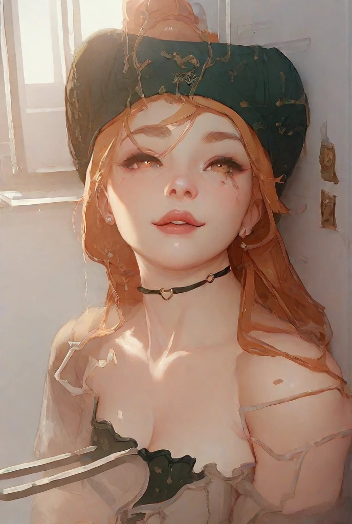 (masterpiece, highest quality:1.2), alone, One girl, ogawa sumireko, ((Brown eyes,Beautiful eyes)), Put your hair up,((Tank top,Detailed sweater, Jeans pants)),Bra visible under clothes, Thick body,Long sleeve,bedroom,Dimly lit room,(Breasts pressed together:1.1), v Arms,Embarrassing,smile, blush, CSR Style Texture,  (huge breast),full bust,(Narrow waist:1.6),(Thin belly),(slender),((Clothed Big Tits)),((Skinny Body)),(Thin limbs),Slender body,breath,sweat,smirk,nose blush, heart-shaped pupils,Embarrassing,Troubled face,from above,large ass,(cleavage01.3), (looking away:1.4),(from above)