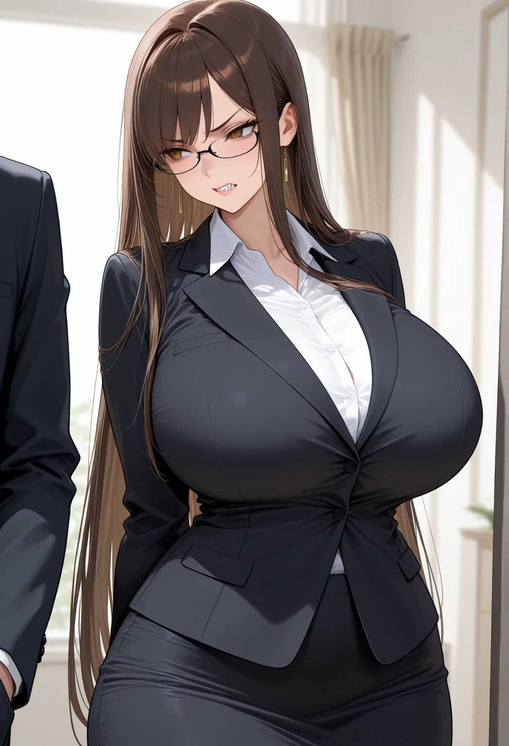 2heads, a tall thin woman with 2 heads. She has enormous breasts. She is wearing business attire. She is in an executive office with a big desk. Drunk, drinking wine. Playing with breasts. She has enormous fat breasts. She looks nerdy. Large circular glasses. She is drunk. She has messy hair. She has giant hard nipples. She has gigantic fat breasts. She is very tall and thin. She looks young. Blushing, aroused. Drunk, intoxicated.