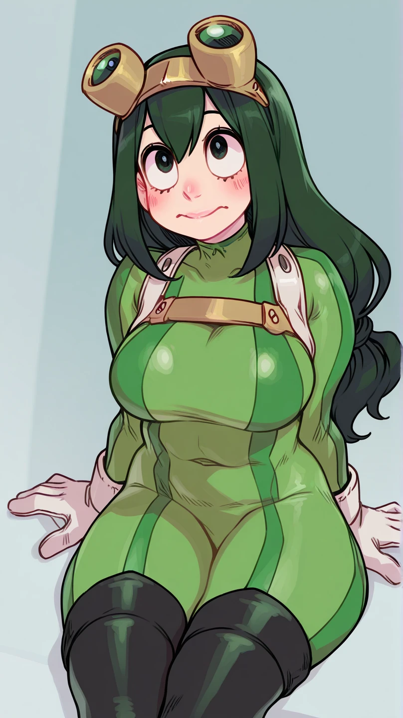 score_9_up, score_8_up, score_7_up, cowboy shot, 1girl, Asui Tsuyu\(boku no hero academia\), green hair, very long hair, low-tied long hair, tied hair, black eyes, wide hips, medium breasts, (torn clothes), (torn suit), (wounds on body), (wounds on face), (nude, nipples, pussy), source_anime, anime style, (scared), trembling, crying, laying on the ground (destroyed ground)