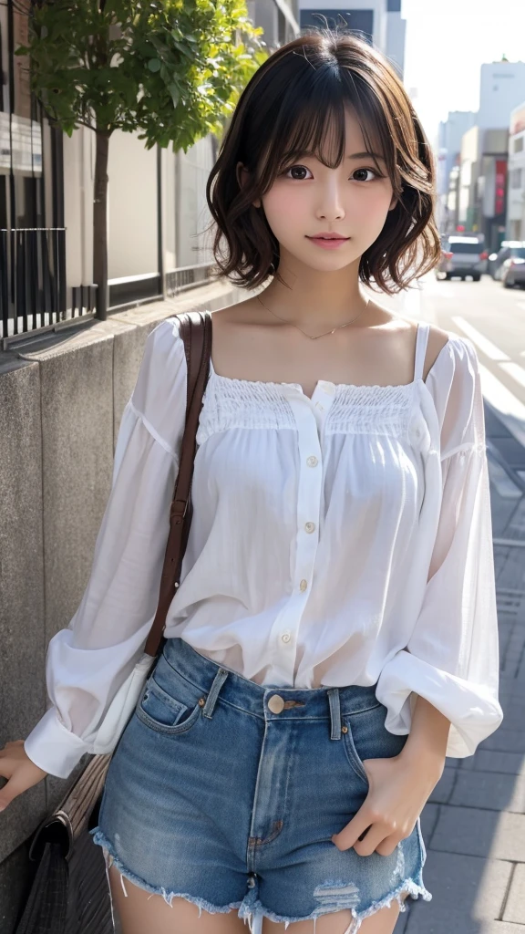 (8k、RAW Photos、highest quality、masterpiece:1.2)、(Realistic、Realistic)、1 girl、((White off-shoulder、Black shorts、smile、Summer City、Semi-long hair、Standing with hands on hips))、Lots of eyelashes、Glowing eyelids、skeletally correct
