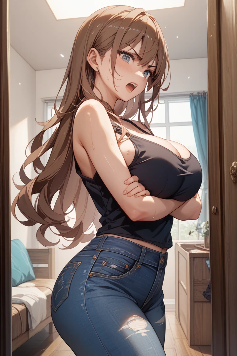 Official art、(Highly detailed CG Unity 8K:1.5)、Perfect litthing、colourfull、Bright Front face Illuminating,(Model,glamor:1.5),(Realistic, hyper realisitic:1.5),(Lying in a bed:1.4),(slender:1.5),
(Master Pieces:1.5), (best_quality:1.5), Super Hi-Vision, super detailing,upper view, Sweat,(Seductive smile:1.4),(Spread_Legs:1.4),(profile:1.2),(See-through:1.5),( Standing:1.3),
Photo Shot,hight resolution,(absurderes:1.2)、Kodak Portra 400、film grains,(lensflare:1.2)、(vivd colour:1.5),(Dress up your outfit perfectly:1.5),(Quality hair、Realistic hair:1.3),
(cowboys_shot:1.4),during daytime、Sunsight,(Asuna),(Asuna Yuki:1.5),Kamimei,
partedbangs,perspiring、(Solo:1.5),(livingroom:1.5),(neat figure:1.5)、(Wet clothes:1.4),
(a 1 girl:1.5)、18year old、High school students、Beautiful Finger,beautiful long leg,Beautiful body,Beautiful nose,Beautiful character design,Perfect eyes,face perfect,Beautiful hair,Animated, (Exquisite cloth,beautifully detailed eyes:1.4),(Black tank top, Dark blue velvet shorts:1.5),(orange color hair:1.5),(Orange Eyes:1.4),
(Beautiful face:1.5),delicate patterns,intricate detailes,Smooth Anime CG Art,Beautiful anime girl,The best girls in anime,beautiful anime woman,delicate patterns,intricate detailes,red blush,Glossy,A seductive anime girl、beautiful alluring anime teen、photorealistic anime girl render、beautiful alluring anime woman,Soft lighting、Beautiful anime girl、charming anime girls、Perfect body with realistic shading、
