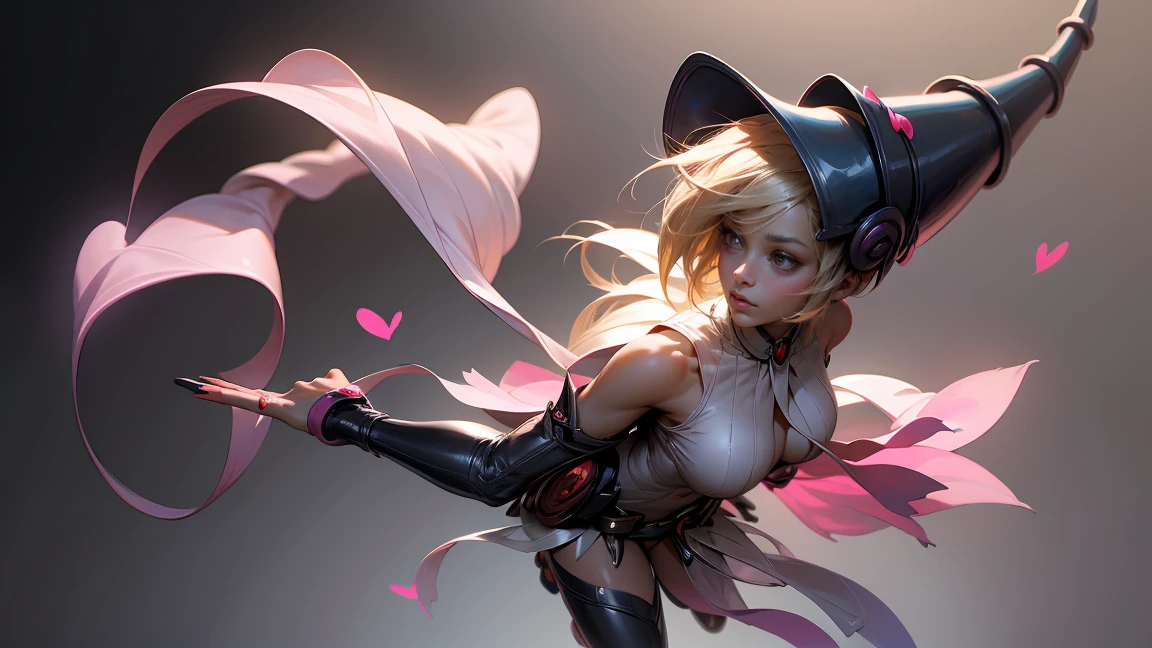 (Obra maestra:1.2), (La mejor calidad:1.2), perfect lighting, Chica Maga Oscura lanzando un hechizo, flotando en el aire, tetas grandes, escote, fondo de magia. Corazones transparente en el hambiente, bata azul, sombrero grande, desde arriba, Destellos, Yugioh Card en el fondo. En tacones y en bikini