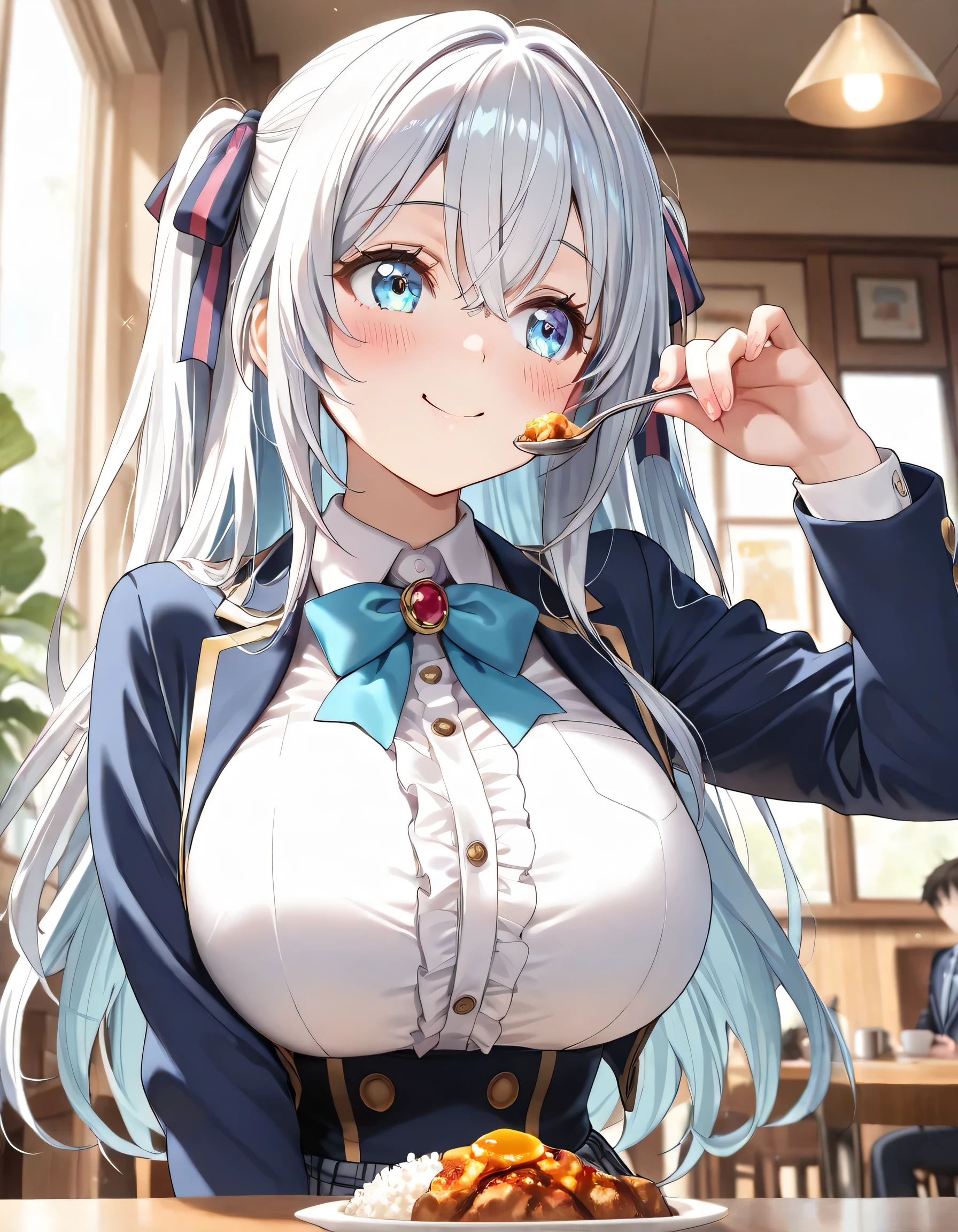 ((ultra-detailed)), (highly detailed CG illustration), (best quality:1.2), ultra-highly detailed, colorful composition, artistic photoshoot, 1girl, solo focus, upper body, moe anime character, girl, dainty facial structure, baby face, round face, rounded chin:1.2, ideal ratio body proportions, blue eyes, long silver hair, two side up, hair ribbon with light blue, ample breast, school uniform, navy blue blazer, modern style with fitted jacket, light blue neck bow, long sleeves white frilled shirt, navy blue checked pleated skirt, and black high socks, looking away:1.3, delicious:1.4, smile:1.4, happy:1.4, joyful:1.4, curryrice as eating, sit on the cafe terrace:1.4, eating curryrice with a spoon:1.4, from front, contrapposto pose:1.2, best quality, masterpiece, expecting, pink cheek, blush, light pink gloss slip, portrait, depth of field, poured sunlight, sidelighting, shine, lighting, caustics, ray tracing, perfect face, lustrous skin, highly detailed face, highly detailed eyes, perfect face, perfect nose, perfect hair, perfect eyes, perfect anatomy, beautiful hair, beautiful small face, extremely detailed face, beautiful detailed eyes, beautiful clavicle, beautiful body, beautiful huge breasts, leavage, breasts squeezed together, equalize the size of the left and right breasts, beautiful thin thighs, beautiful legs, beautiful fingers, 4 fingers, 1 thumb, lovely, (very detailed background:1.0), (highly detailed background:1.0), intricate details, joyful atmosphere, colorful and sparkling colors palette, chromatic aberration