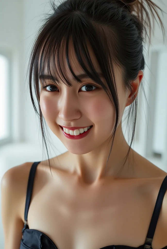 highest quality, masterpiece, Ultra-high resolution, realistic:1.3, solo, arms behind back, ((upper body)), (Glowing skin), ((Clear Face)), Showcasing cleavage, looking at viewer, (medium breasts), red Velvet-Bikini, underboob:1.3, white background, long hair, smile
