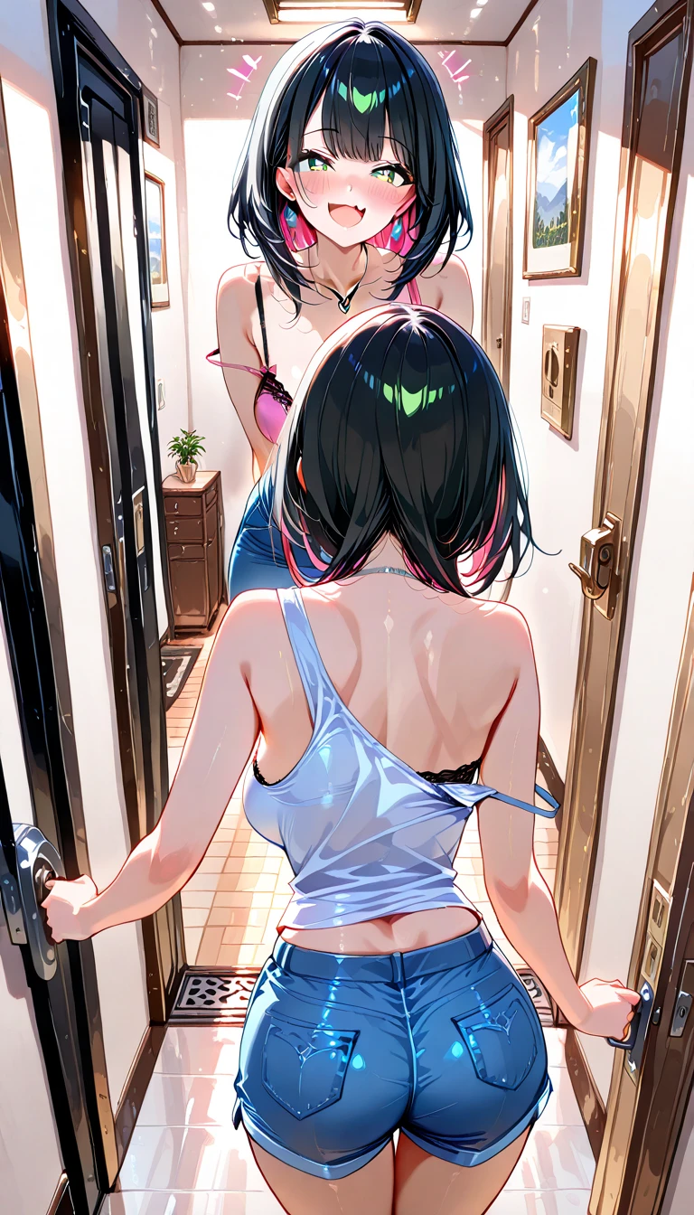 nsfw,Highest quality、Very delicate and beautiful、I、((12 years old ))、Japanese Girl、Primary school students、Brown Hair、Short Bob、Are thin、Slim figure、Bright room、Daytime、Sweat、Are standing、Shooting from behind、Accentuate your butt、Low - Angle、Dutch Angle、ceiling、Shooting from below、