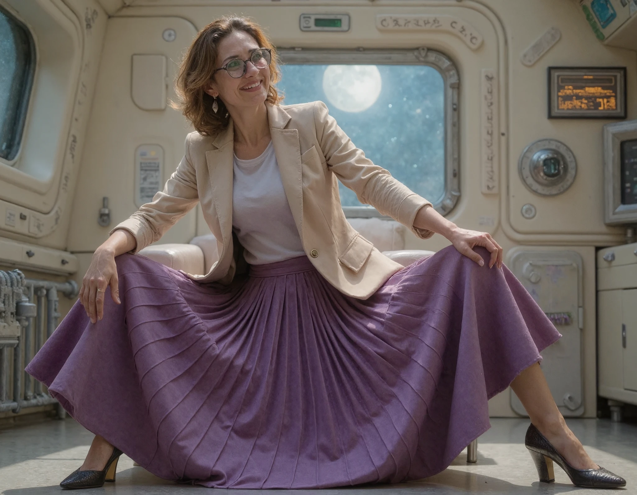 In an interstellar office adorned with vintage charm, a mature therapist, dressed in a crisp uniform jacket and a blouse, reveals her alluring feminine grace. Her long, pleated skirt sweeps dramatically across the metallic floor, each fold a testament to the high-quality 35mm film, capturing the essence of Portra400 or Vision3 200T/500T. The soft focus lens embraces her, blurring the cosmic backdrop of star-studded windows that frame her nurturing embrace. She sits on the edge of her desk, her modest low-heel shoes hinting at a flirtatious posture. Her gentle smile is enhanced by the warm golden light that kisses her flushed skin and glistening sweat, while her glasses reflect the moonlit dance of distant galaxies. The soft, seductive arch of her legs invites closeness, and her blushing cheeks and parted lips whisper promises of a passionate embrace. The spacecraft's interior, a blend of retro-futuristic elegance and modern ergonomics, is bathed in a sensual ambience that resonates with the therapist's longing gaze. The composition is a masterful blend of intimate framing and the vastness of the cosmos, highlighting the stark contrast between her tender touch and the cold steel of the spaceship. The lighting, a symphony of artificial warmth and ethereal moonbeams, casts long, dramatic shadows that play upon her form, emphasizing the contours of her body and the sharp creases in her skirt. Her eyes, filled with a mix of empathy and desire, beckon you into the heart of the frame, inviting you to explore the depths of her soul in this erotically charged, celestial sanctuary.