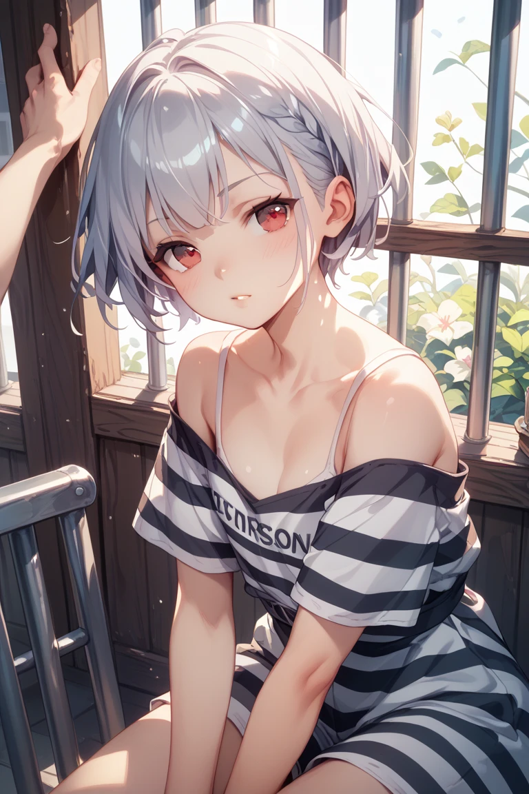1girl with short grey hair, black eyes, slender body, medium breasts, natural mouse ears, natural mouse tail, blush, embarrassed, cover her face, ((((grey bra))), short shorts,zoo aviary