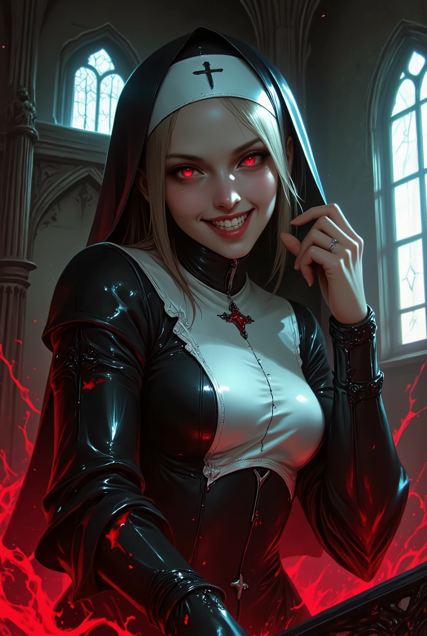 Evil Nun, sharp teeth, glowing red Demonic eyes, blood, dilapidated, lot's of blood, gloomy, surreal horror, abandoned Gothic church background, sexy, seductive, high detail, masterpiece.