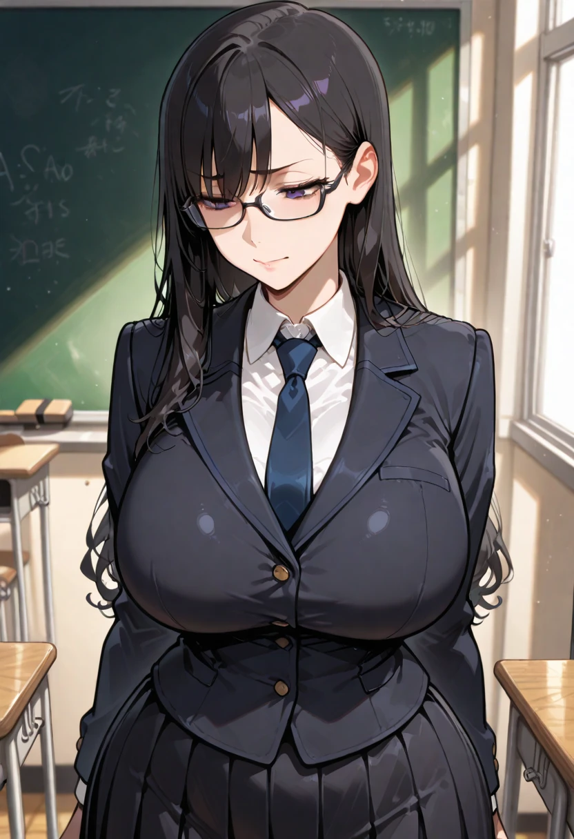 1 chica, with a shy smile, pelo negro ondulado de longitud media, pechos grandes, muslos grandes, culo grande y piel blanca. Sus grandes ojos son de un tono rosa magenta., y ella usa lentes rectangulares. She is dressed in a white shirt with a red tie., una falda a cuadros gris, y un chaleco de lana color piel debajo de una chaqueta azul marino. This is all set inside a Japanese classroom..
