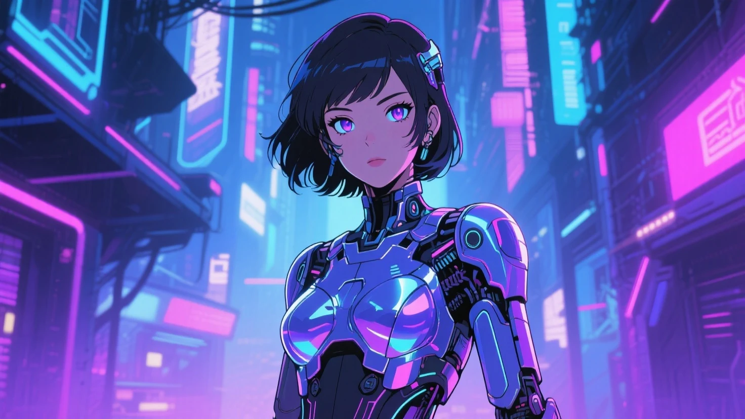 (8k),(masterpiece),(Japanese),(17-year-old girl),((CyberpunkAI)),((ghibli style art style)),From the front,upper body,Cowboy shot,smile,cute,Innocent,Kind eyes,Flat chest,Black Hair,night,dark,neon light,cyberpunk background