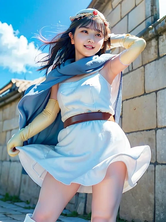 (8k, RAW Photos,Highest quality, High resolution:1.1), (Ultra-realistic:1.4),(Realistic, Realistic:1.3),The Beauty of Japan、1 person、((smile:1.2))，Seaside、(Close-up of a woman)、((Depiction of only the upper body))、Medieval city, Sage (dq3), White Dress, Circlet, Yellow gloves, belt, Cape, boots,Exposing shoulders,((White panties)),Puffy nipples,((Shooting from below)),((Wind from below)),Put your arms behind your head,skirt wind,