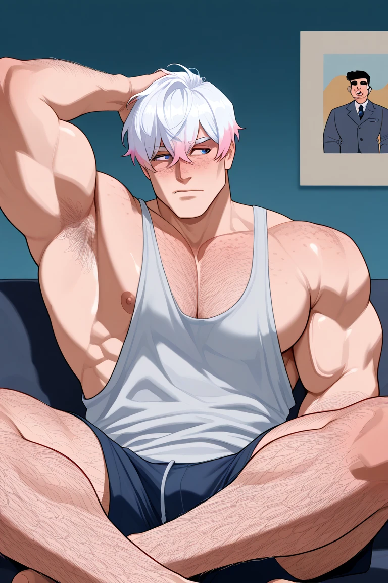 one man，Joy Joy，white hair，long hair ponytail，long bangs，silver glasses，Dressed in all black with a loose turtleneck.，Stylish，young men，A tingling face，Float in the air，from the top of the camera，You can see the view of the city below.，man , Wearing a sleeveless black bodysuit. , cum , sweat , Have muscles ,Masterpiece Masterpiece，naked body， best quality， High ISO value， dark person， watercolor painting theme， （look at the audience： 1.1）， wide bottom， big， curve， Tojo Koneko， eyes， white hair， short hair with details， Heart tattoo under the navel， Also tattooed,Dark skin,((I have a cock.))