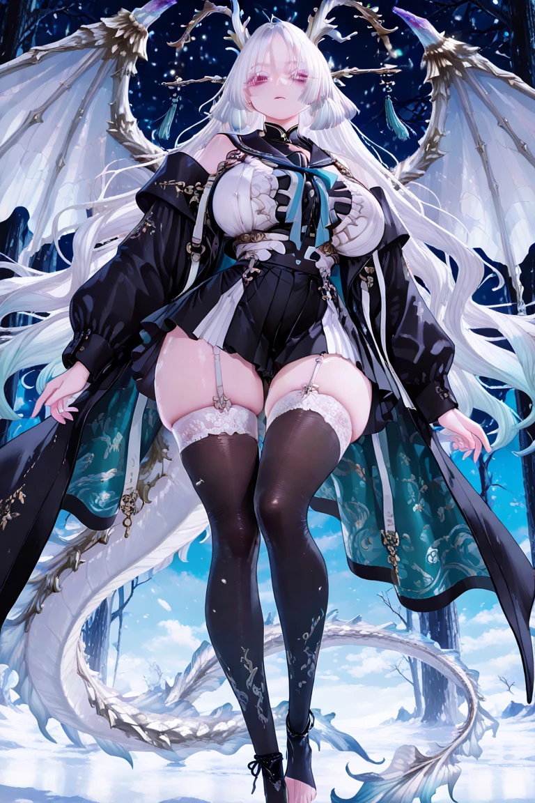 (masterpiece, top quality, best quality, official art, beautiful and aesthetic:1.3), (8k, best quality, masterpiece:1.2),(full body:1.3) (large breasts:1.2), long hair, black thighhighs, high heel, (microskirt:1.1), garter belt, dragon's horn,dragon's wing,
