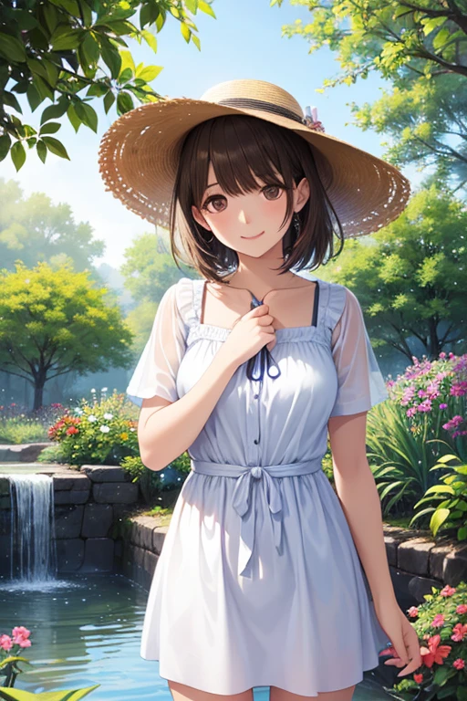 (masterpiece:1.5),(Beat quality),(high res),1girl solo,beautiful face,smile,Woman in summer clothes walking,garden