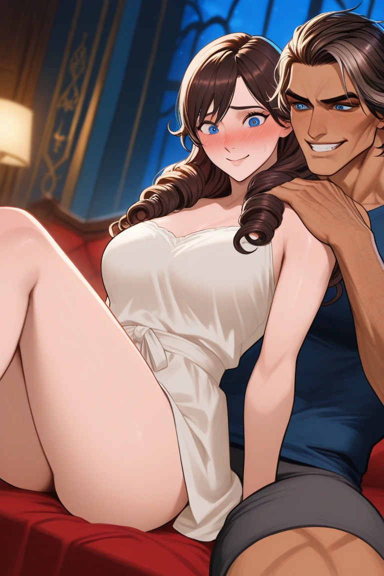 ((highest quality)), ((masterpiece)), (detailed), (Perfect Face)、The woman is Haruhi Suzumiya, with short brown hair and the wife of a 70-year-old man.、(The woman is wearing a gorgeous, gaudy, see-through dress with gorgeous embroidery and a see-through cape with fur, and is wearing a gorgeous engagement ring and gorgeous jeweled earrings, necklace, bracelets and waist chain.、Wearing jeweled accessories such as ankle rings and head dress chains and shiny boots, the two women are snuggling up close and personal in a luxurious hall, with their heads resting on the shoulders of a 70-year-old man.)、(A woman is wearing a gorgeous engagement ring and hugging a 70-year-old man with a happy smile)、The man is 70 years old and is embracing the woman in the hall of a luxurious mansion.