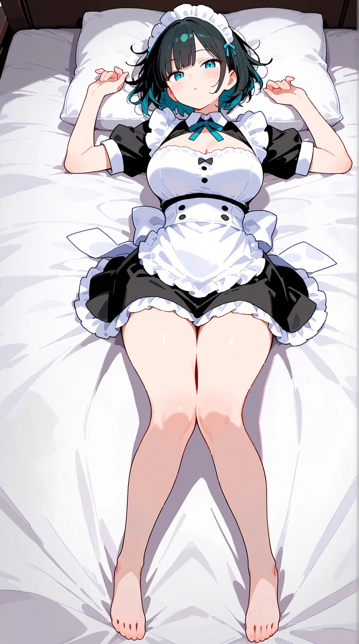 ((mature adult tall woman, mature_face)), (glowing aqua eyes), cat ears, narrow waist, gradient (pink hair), large breasts, large areolae, (oily skin) ,
animal_ears, mature 1girl, hair_ornament, lying, dakimakura, animal_ear_fluff, white_legwear, on_back, apron, blush, thighhighs, rating:questionable, maid_headdress, hair_flower, dress, multiple_views, looking_at_viewer, navel, bed_sheet, flower, covering_crotch, full_body, maid, short_sleeves, eyebrows_visible_through_hair, white_apron, hair_between_eyes, bangs, short_hair, lifted_by_self, frills, breasts, alternate_costume, underwear, black_dress, collarbone, puffy_sleeves, mary_janes, nude, completely nude, ((blush, shy)), knees together