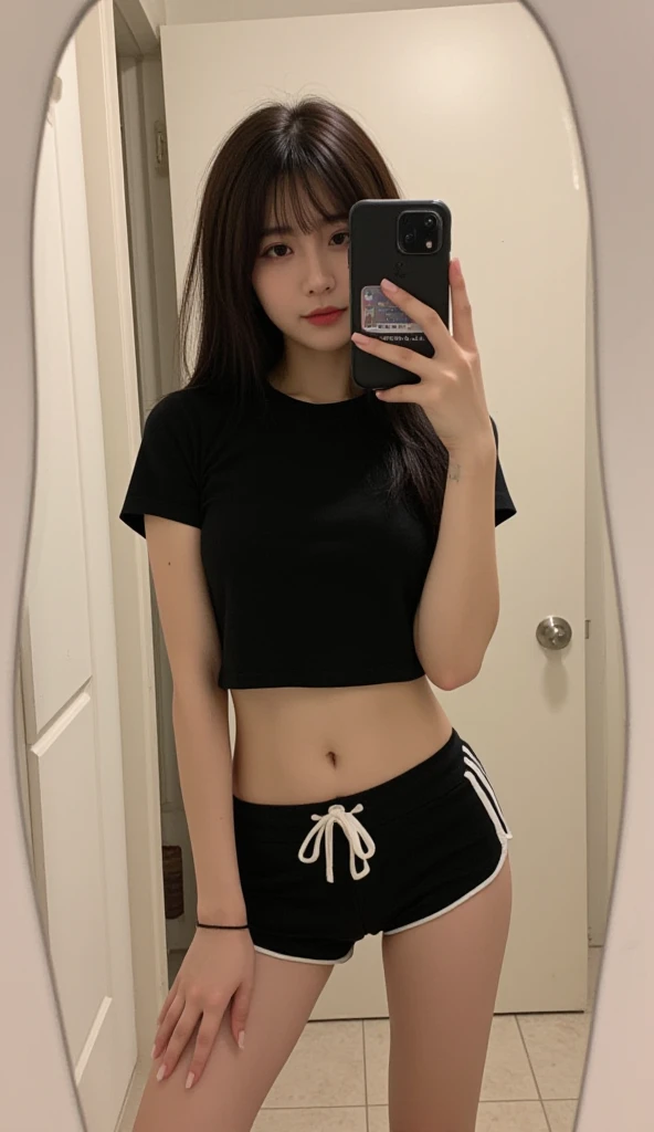 Japanese Beauty、brown hair、black t-shirt、naked、Leg spread、Selfie