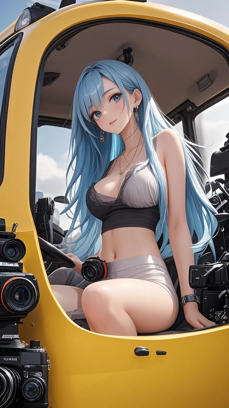 (overhead view) Cute redhead with rainbow colored hair tips, ribbons in her hair, 18-year-old woman, happy, smiling, in twin tails, perfect eyes, clear sparkling blue eyes, very pale skin, silky smooth white skin, flying a fancy metal luxurious space ship, futuristic cockpit, she's a pilot, outer space seen in windows, dark warm lighting, wearing silk bra and panties, (pastel rainbow colors, and polka dots), silk, pantyhose, stockings.