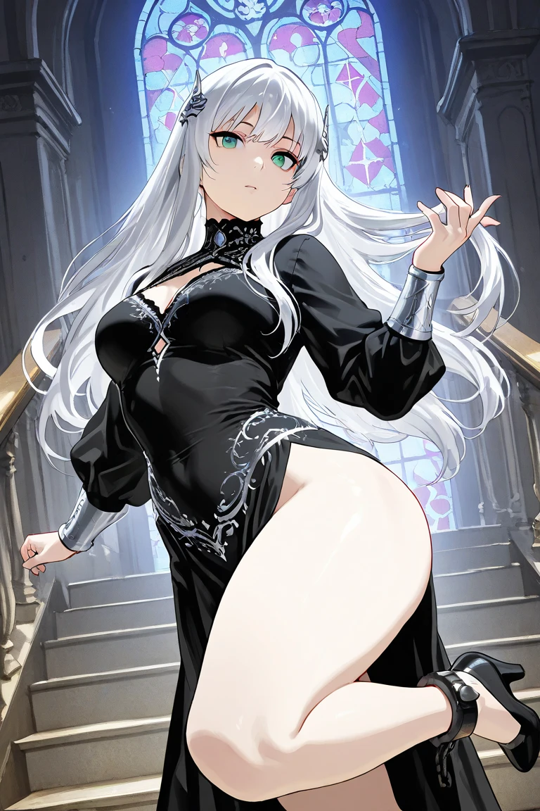 (masterpiece, reflections, atmospheric lighting, dynamic lighting), best quality, 1girl, white hair, luscious long hair, curly hair, deep red eyes, glowing eyes, delicate fingers, delicate legs, blushing, embarrassed, shy, lewd, standing up, dangling earrings, black gown, long evening gown, evening gown, slit evening gown, formal gown, strapless gown, lingerie gown, sexy gown, black high heels